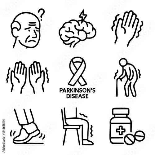 A set of doodle line icons representing Parkinson’s disease symptoms like tremors, mobility issues, brain disorder, elderly care, and medication
