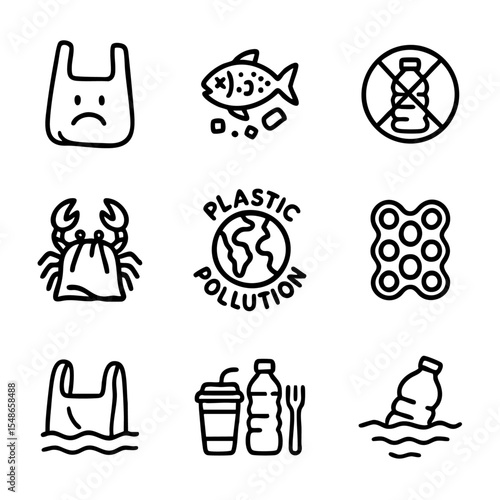 A set of doodle line icons illustrating plastic pollution effects on oceans, marine life, and environmental awareness of plastic waste