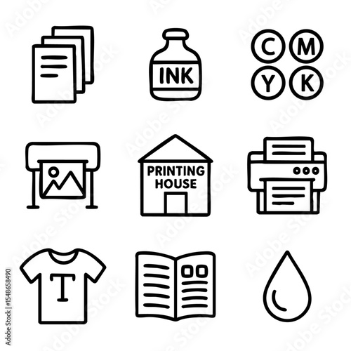 A set of doodle line icons showing printing services, ink, CMYK color model, paper, publishing, and design for press and apparel