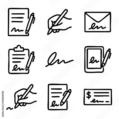 A set of doodle line icons representing signatures, handwriting, signed documents, contracts, checks, and digital or paper authorization forms