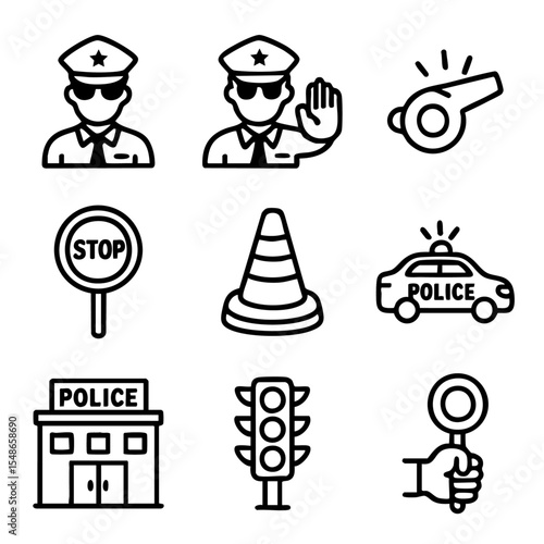 A set of doodle line icons showing police officers, patrol tools, traffic signs, law enforcement vehicles, cones, and public safety symbols