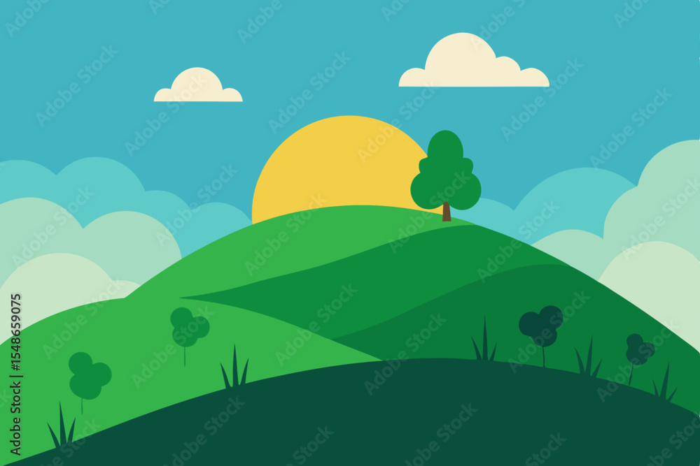 Fototapeta premium Vector cartoon summer landscape with green mountains, hills, trees, and blue sky with clouds