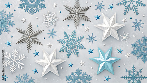 Christmas background with snowflakes and stars. 3D illustration.