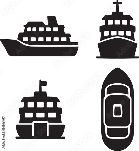 ferry silhouette icons set side, front, back, and top views vector art illustration