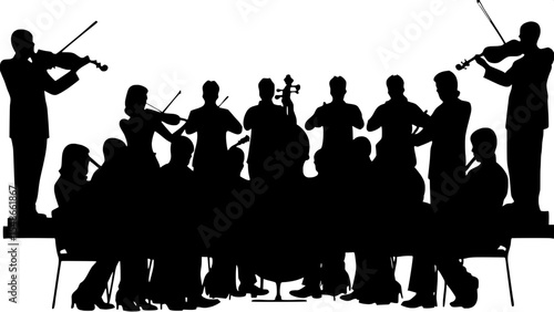 “Symmetrical black silhouette artwork of an orchestra or band, featuring a mix of instrumentalists in static poses on a white background, emphasizing visual harmony and variety in instruments.”
