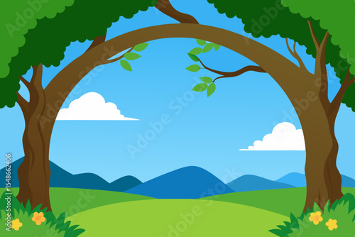 Serene Landscape Majestic Trees Arching Over Rolling Hills and Blue Sky