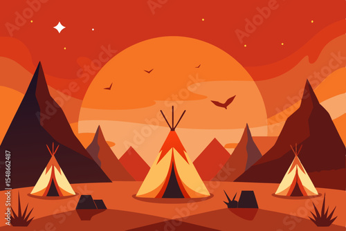 Sunset over Native American Teepees in Majestic Mountain Landscape