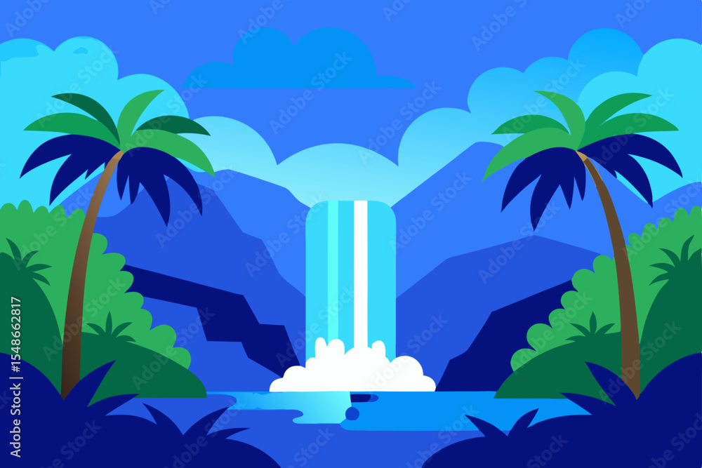 Obraz premium Serene Waterfall Landscape Tropical Paradise Illustration