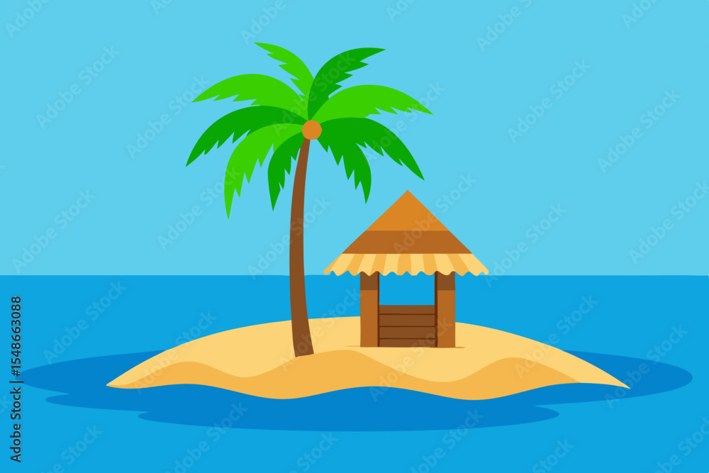 Obraz premium Tropical Island Paradise Palm Tree and Beach Hut Getaway