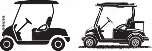 Collection Set of Golf Cart Silhouette Vector Set in Black and White with Side Views