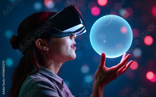 Metaverse and 3D simulation. Portrait of young woman in VR glasses creates mesh sphere. Dark background with neon abstracts. The concept of virtual reality and futurism. High quality