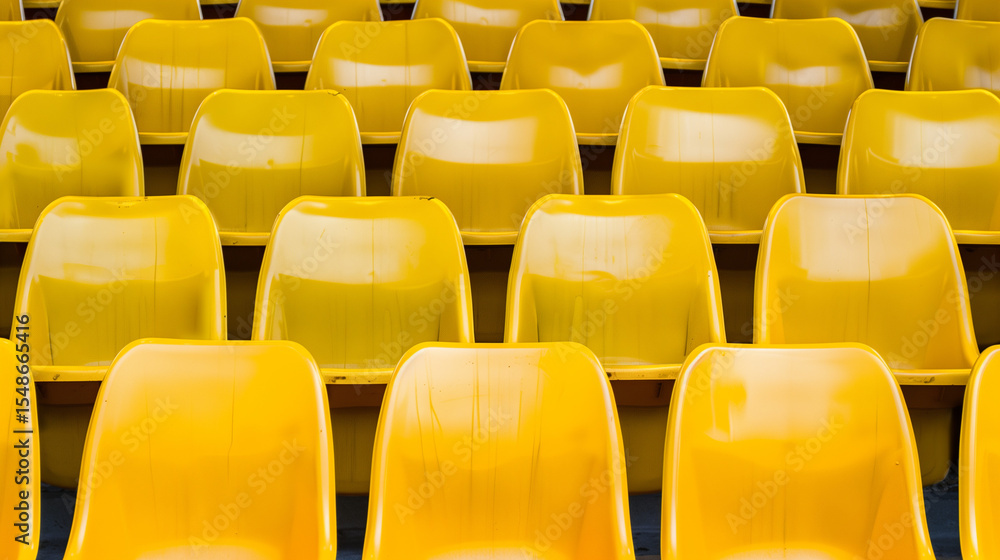 Fototapeta premium Symmetrical yellow stadium seats from above, a serene geometric pattern of empty spaces