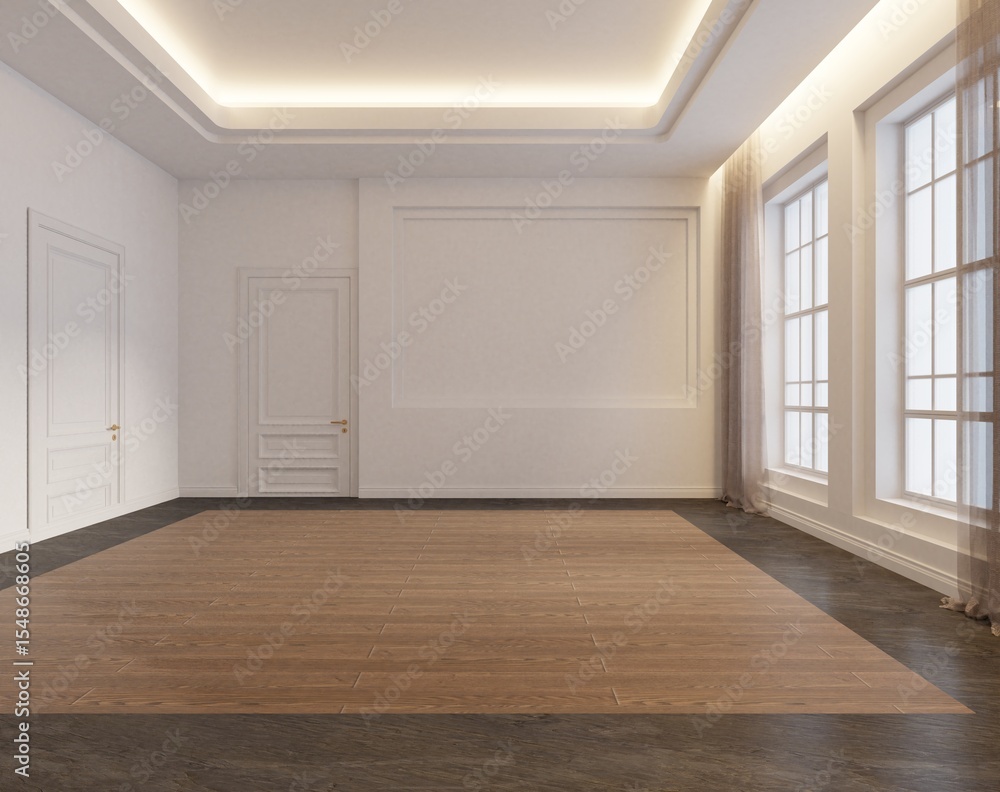 Obraz premium 3D rendered modern empty room interior with elegant recessed ceiling lights, large classic windows with sheer curtains.