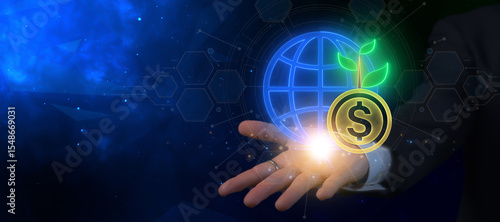 Global business concept, the exchange of goods and services across national borders. Economic activity of company that operate in multiple countries. International investment icon on virtual screen.