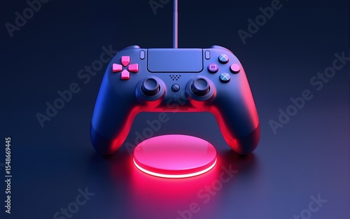 gaming joystick controller console geometry button icon floating neon glow on background, 3d illustration rendering, abstract of wallpaper for gamer. High quality