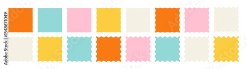 Wavy frame borders. Scallop shape line picture frames. Vector colorful wave square bg set. Kid graphic wiggly backgrounds. Fun retro style groovy 60s squiggly zigzag text frame collection