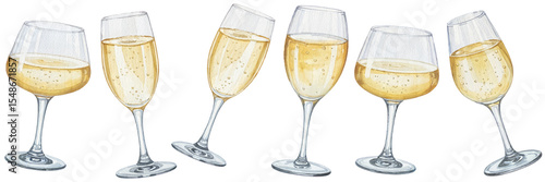 Elegant champagne glasses collection sparkling wine drinks cup on transparent background