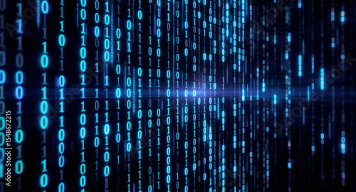 A backdrop of binary code with glowing blue lights, evoking a futuristic digital environment, Generative AI.