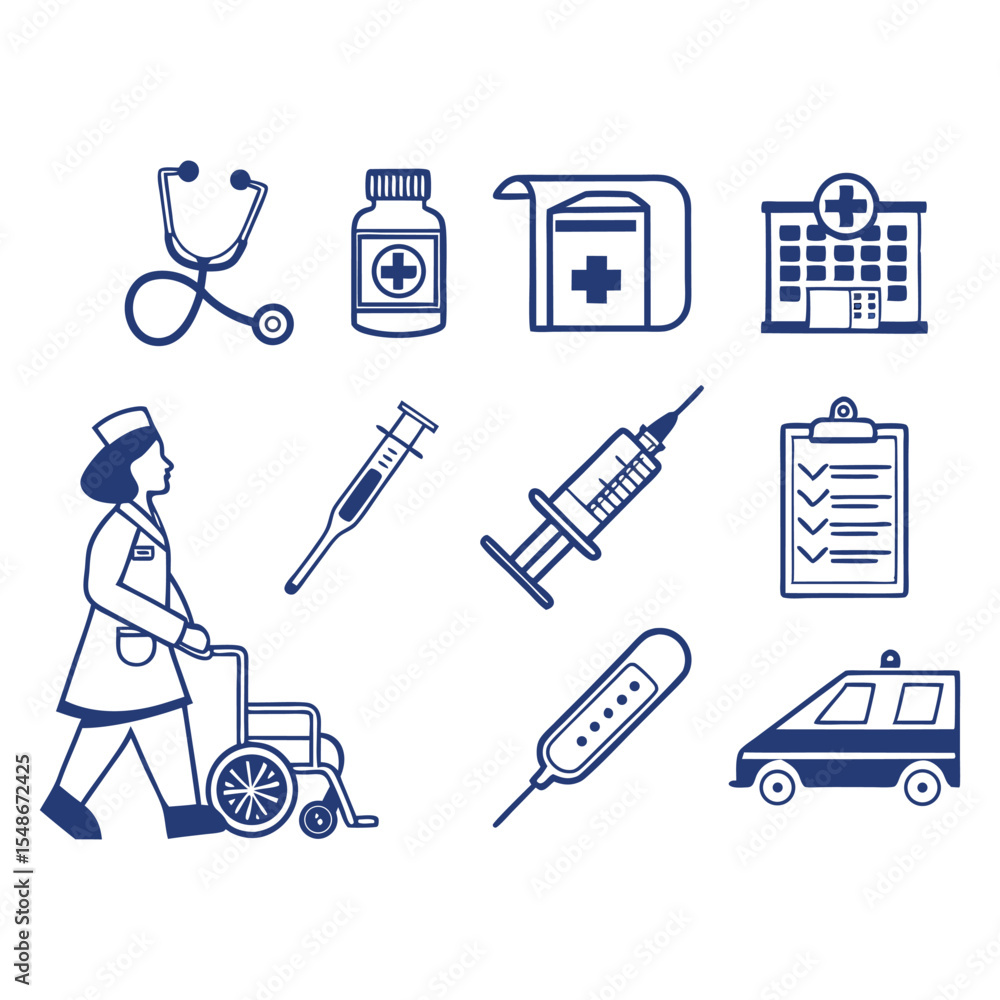 Medical and Healthcare Outline Icon Set — Hospital, Doctor, Syringe, Medicine, and Equipment Icons Collection.
Medical and Healthcare Outline Icon Set — Hospital, Doctor, Syringe, Medicine, and Equipment Icons Collection.