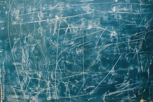 A teal-colored chalkboard, covered in numerous  scratches and markings