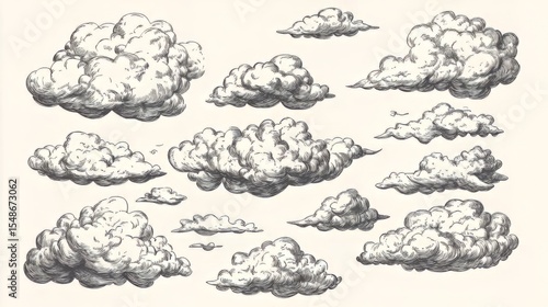 Set of clouds in hand-drawn vintage retro style isolated on white background