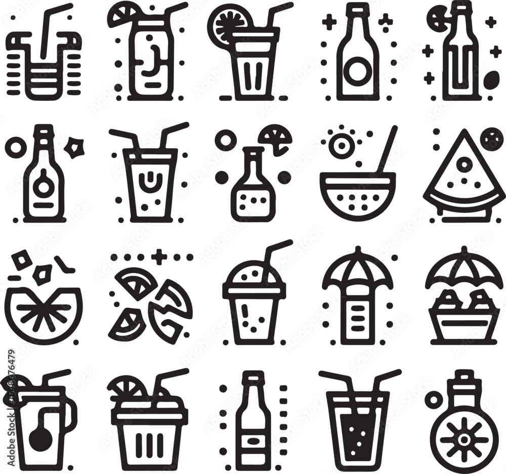 Minimal Black Cold Beverage Line Icons Set Minimal Black Cold Beverage Line Icons Set