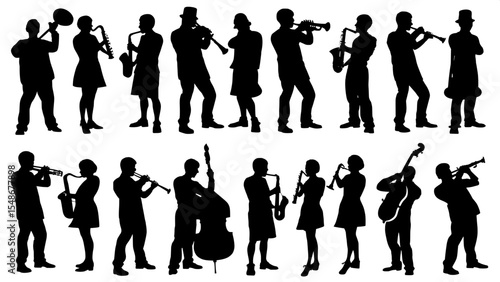 “Silhouetted ensemble of diverse musicians arranged symmetrically in a flat grid layout, all in performance poses with various classical and jazz instruments, on a stark white background.”