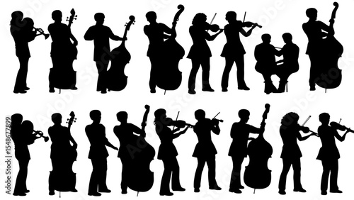 “Silhouetted ensemble of diverse musicians arranged symmetrically in a flat grid layout, all in performance poses with various classical and jazz instruments, on a stark white background.”