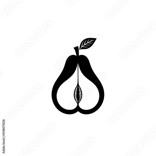 Black outline icon of a pear cut in half showing seeds and a leaf, symbolizing fresh organic fruit and natural health.