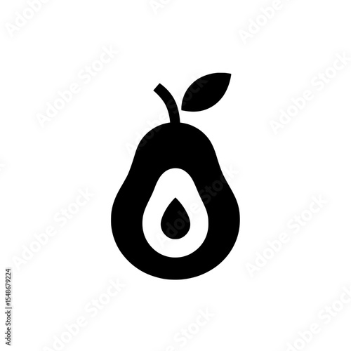 Solid black icon of a pear with a central pit and top leaf, representing healthy food or organic produce.
