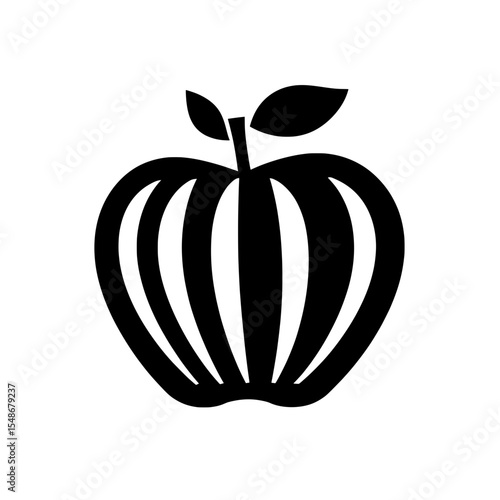 Bold icon of a pumpkin with deep vertical grooves and a top leaf, representing fall vegetables or festive food.