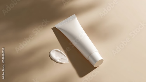 Elegant white tube of cream placed on a smooth beige surface with a small dollop beside it for skincare routine presentation