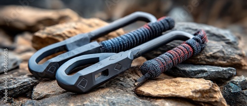 Dark gray climbing tools on rocks