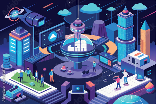 Futuristic cityscape featuring advanced technology, diverse people, and unique architecture amidst a cosmic backdrop