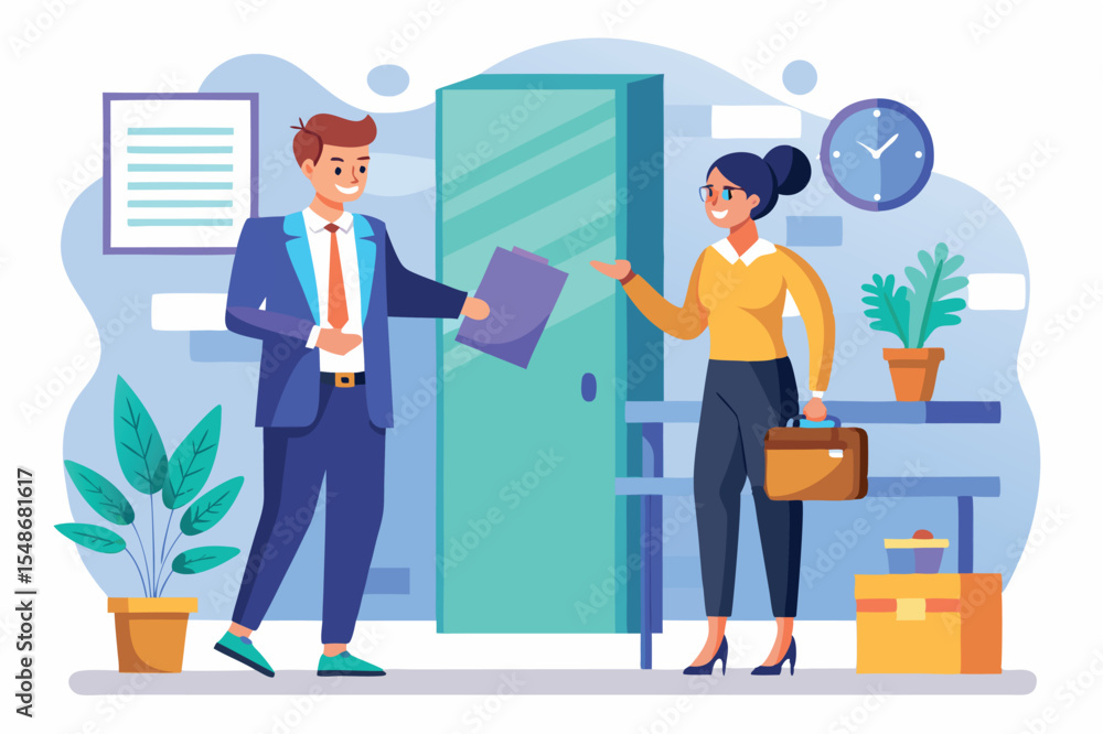 Business meeting between two professionals in a modern office setting with plants and a clock on the wall Business meeting between two professionals in a modern office setting with plants and a clock on the wall