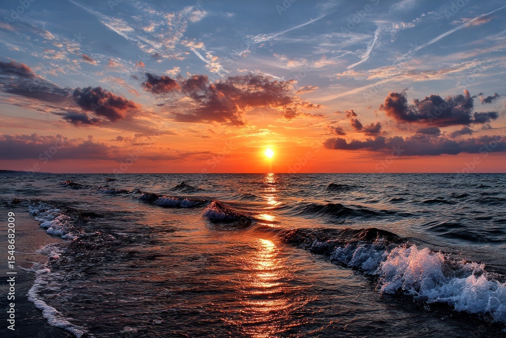 Naklejka premium Dramatic sunset over ocean waves