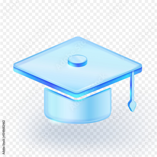 Translucent glass blue graduation cap icon, symbolizing education, achievement, and future aspirations. Isolated on transparent background. 3d vector illustration.