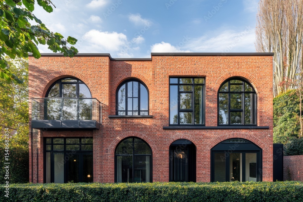 Fototapeta premium The contemporary red brick house features expansive arched windows that stand out beautifully against the lush greenery, all set against the warm glow of a sunny afternoon.