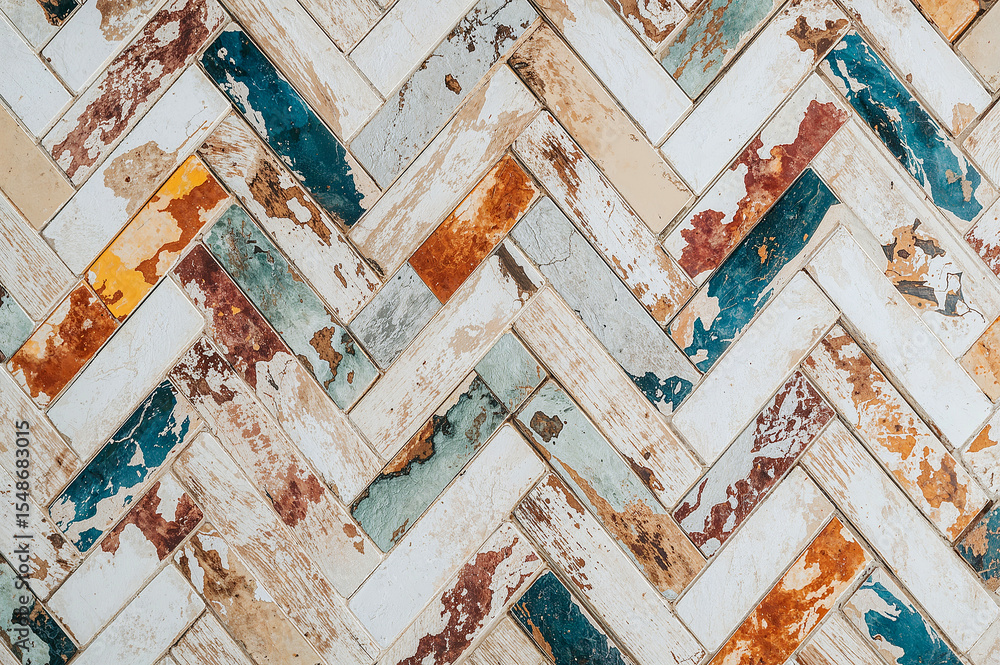 Fototapeta premium Vibrant herringbone tiles on white wood paneling