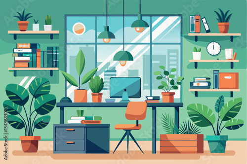 Bright and inviting home office with plants and a modern design in a city setting