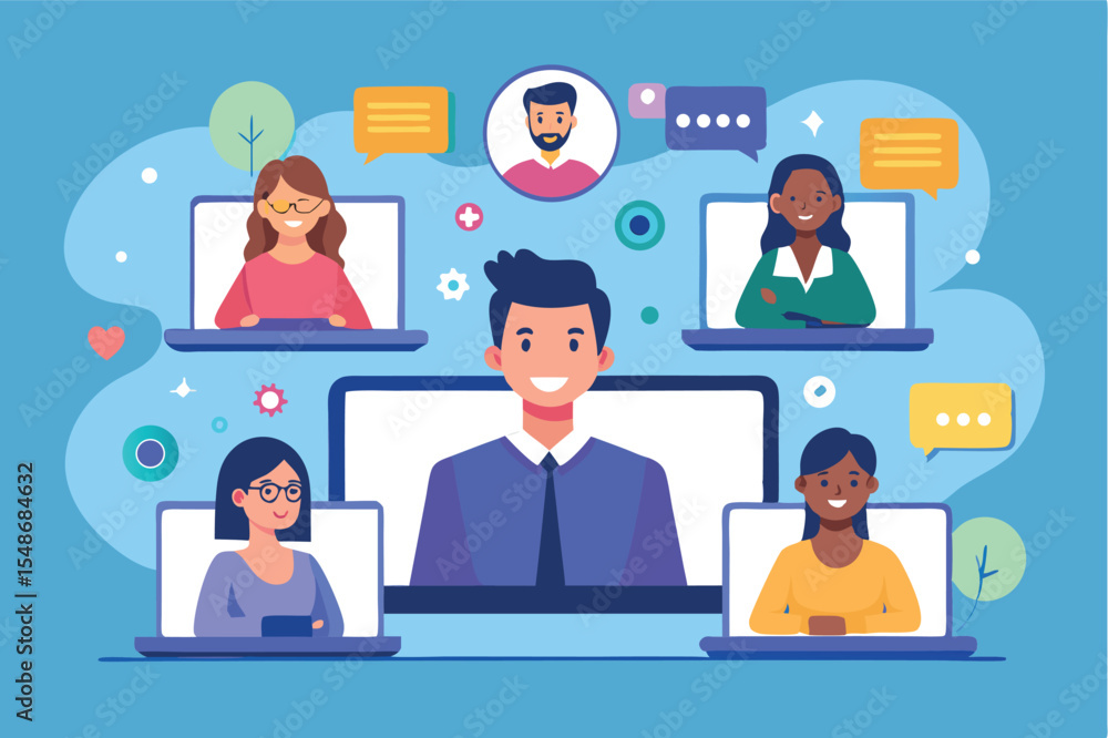 Online group meeting with diverse participants engaging in discussion from home Online group meeting with diverse participants engaging in discussion from home