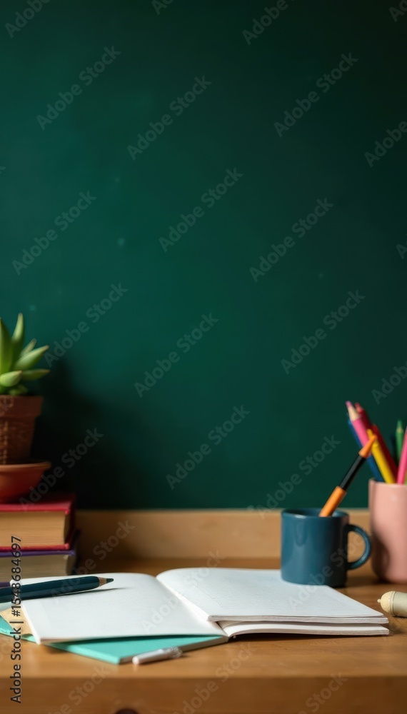 Office supplies neatly arranged on notepads before chalkboard, chalkboard, education, learning Office supplies neatly arranged on notepads before chalkboard, chalkboard, education, learning