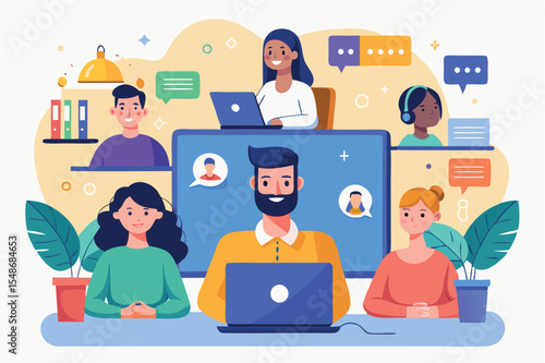 Online learning session with diverse participants engaged in virtual teamwork and collaboration
