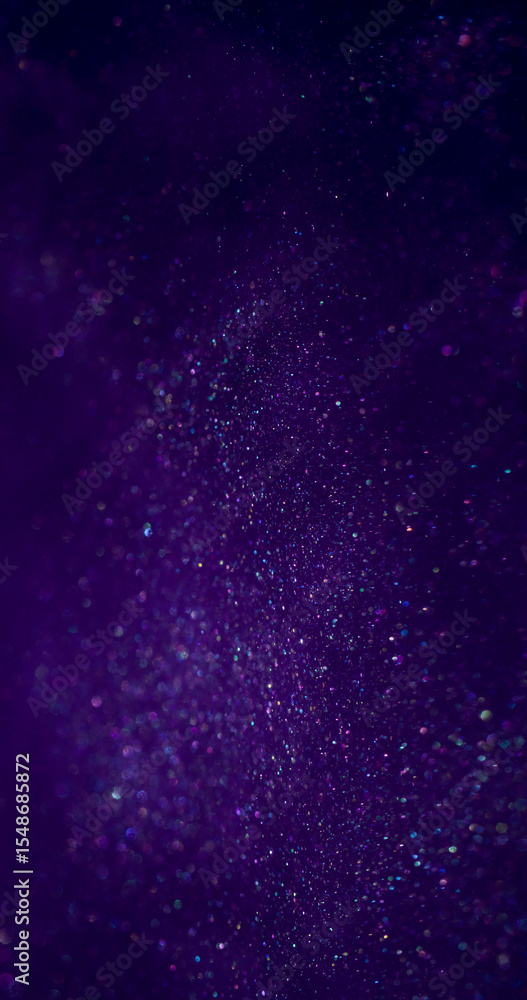 Fototapeta premium Shimmering flow. Ink blur wave. Purple violet sequins powder mix mist water. Defocused glossy spread color galaxy night abstract background.