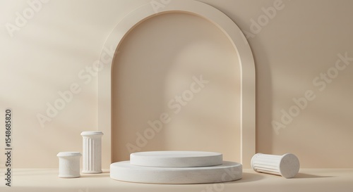 Modern bathroom interior with white medicine bottles and tablets neatly placed on the counter