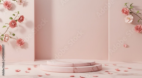 Pink wedding cake with roses placed in a cozy pink-themed bedroom interior