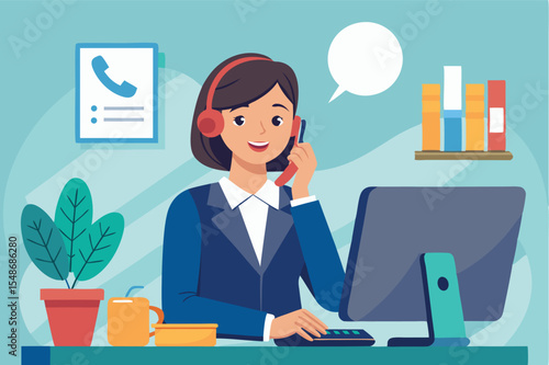 Customer service representative engaging with a caller in a modern office setting