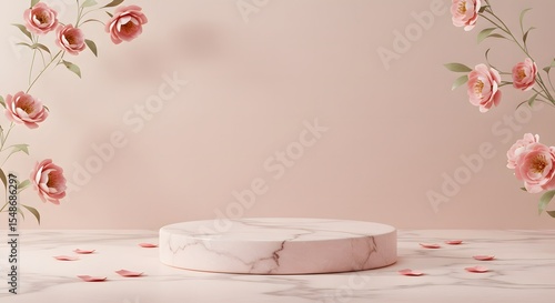 Pink rose and candle with petals on table as romantic decoration for celebration or spa setting