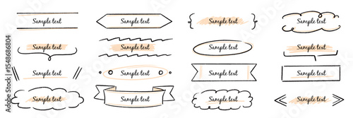 Text box hand drawn frame title banner set. Hand drawn doodle line banner, ribbon line label memo shape elements. Cute design marker stroke text box title, headline decoration. Vector illustration