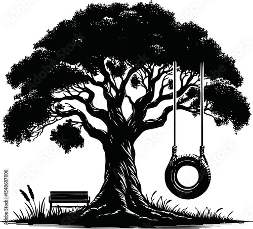 Silhouette of tree with tire swing hanging vector style on white background